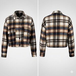 Fashion Women Shacket XL Brown Plaid Cropped Button Up Flannel Jacket Shirt Coat